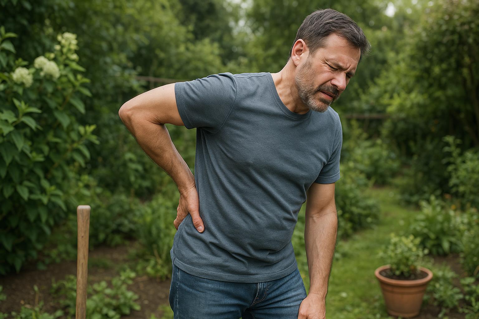 Homme ressentant une douleur au dos en jardinant