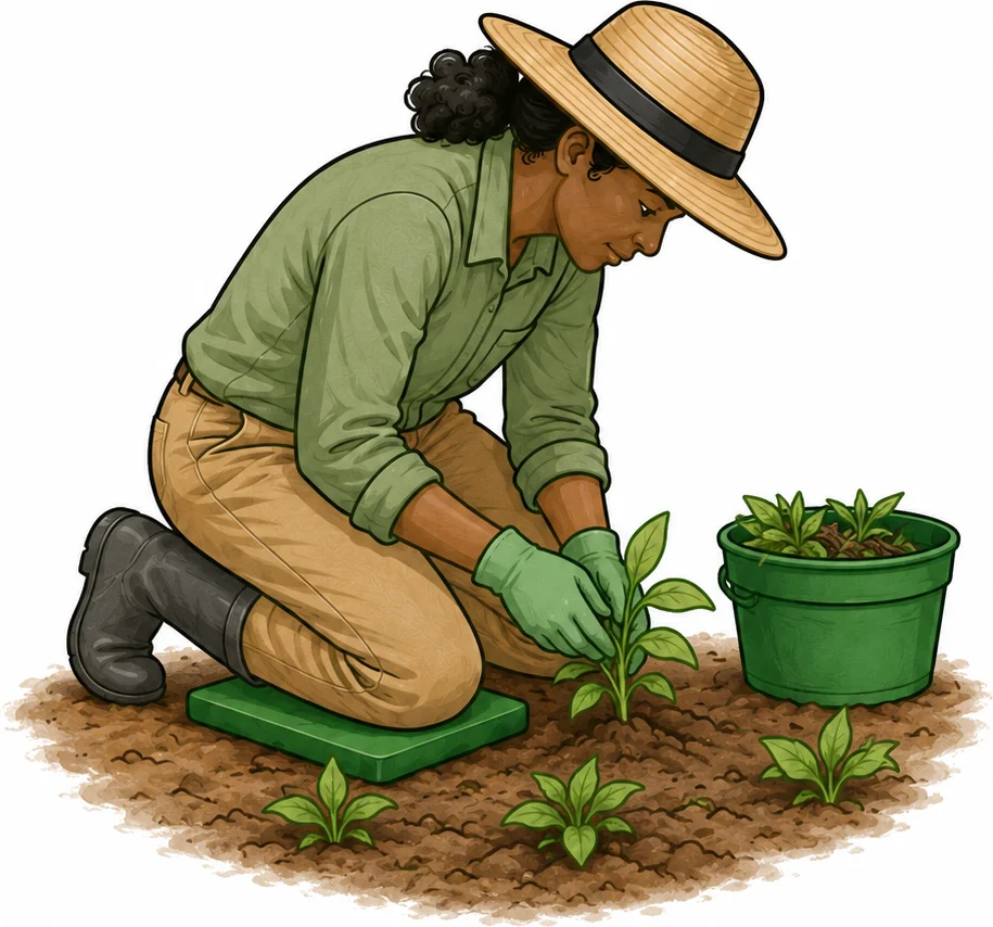Jardinière désherbant à genoux avec un coussin et un appui stable