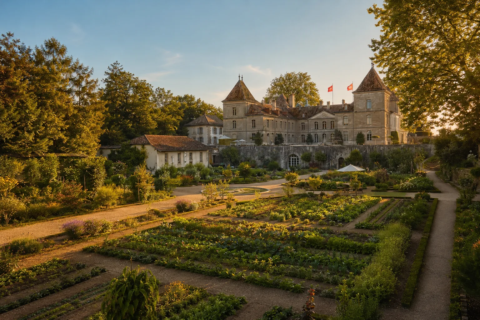Jardins du Château de Prangins au coucher du soleil