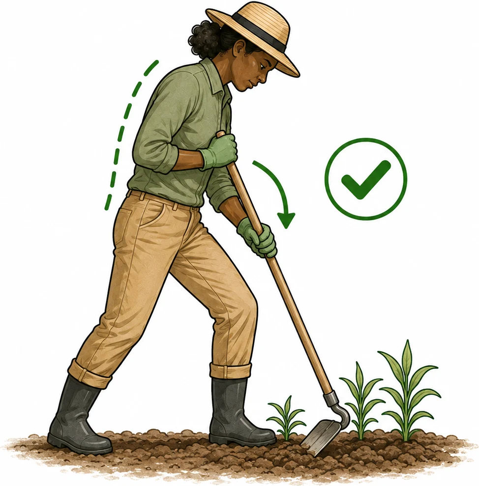 Jardinière utilisant une houe près du corps avec le dos relativement droit