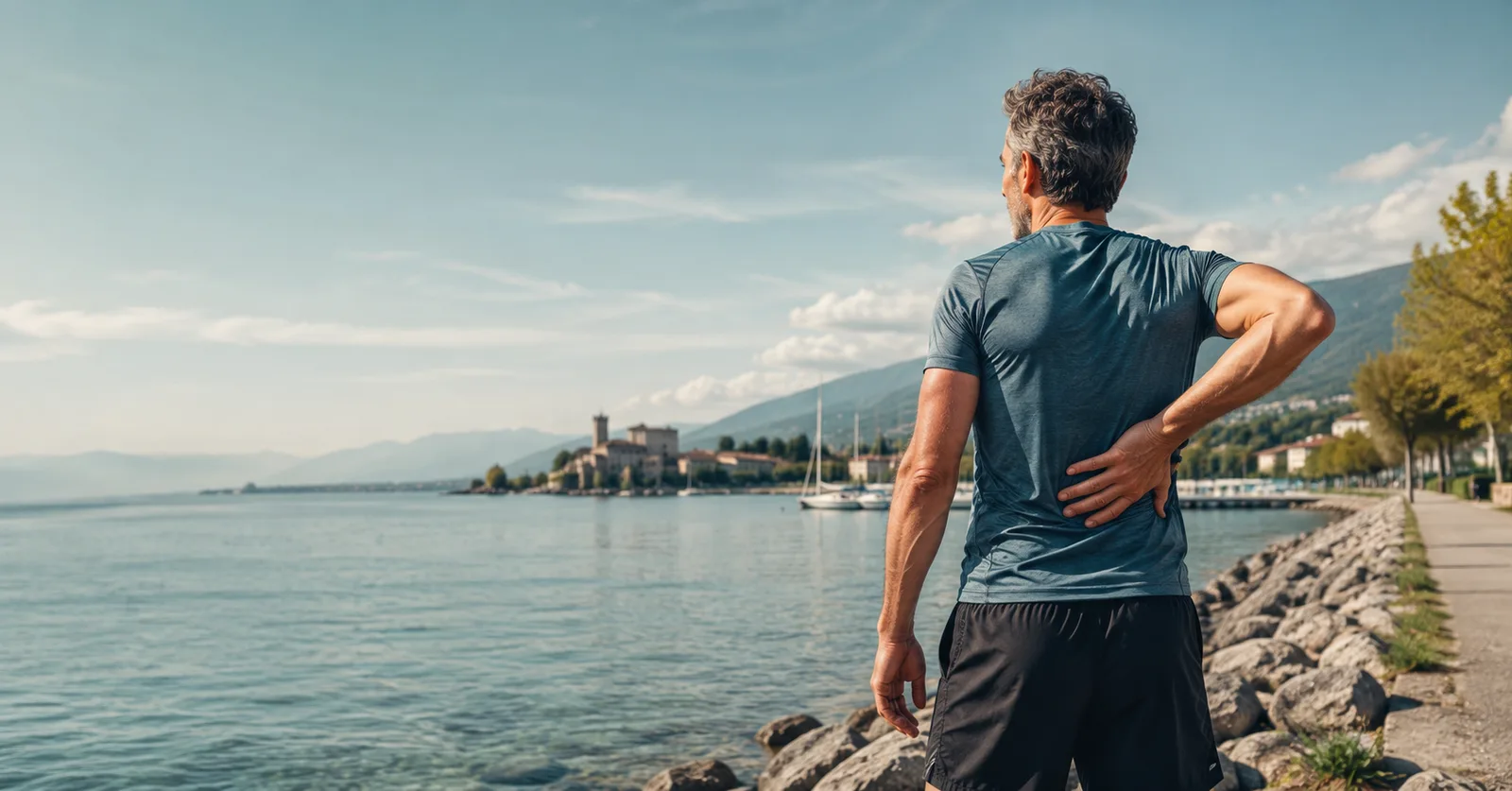 Sportif ressentant une douleur aiguë au dos sur les quais de Rolle, au bord du Léman